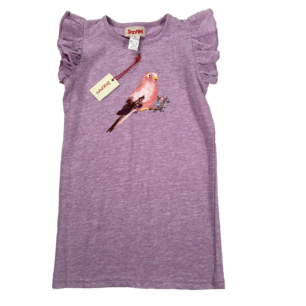 Siaomimi Girls 5 Purple Ruffle Sleeve Bird Graphic Shift Dress New